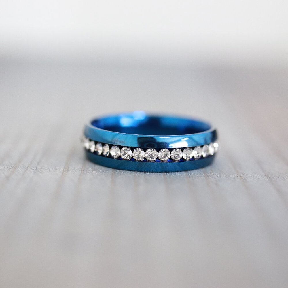 6mm Diamond Ring Style Blue Stainless Steel Wedding Band Men/Women